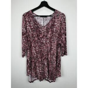 Rose & Olive Top Womens Size 1X Red White 1/2 Sleeve Artsy Career Fairy Flowy